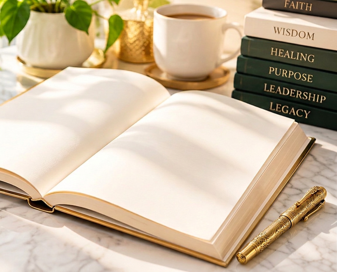 Six books lettered Faith, Wisdom, Healing, Purpose, Leadership and Legacy beside an open book, a cup of coffee and a green plant on warm ivory marble