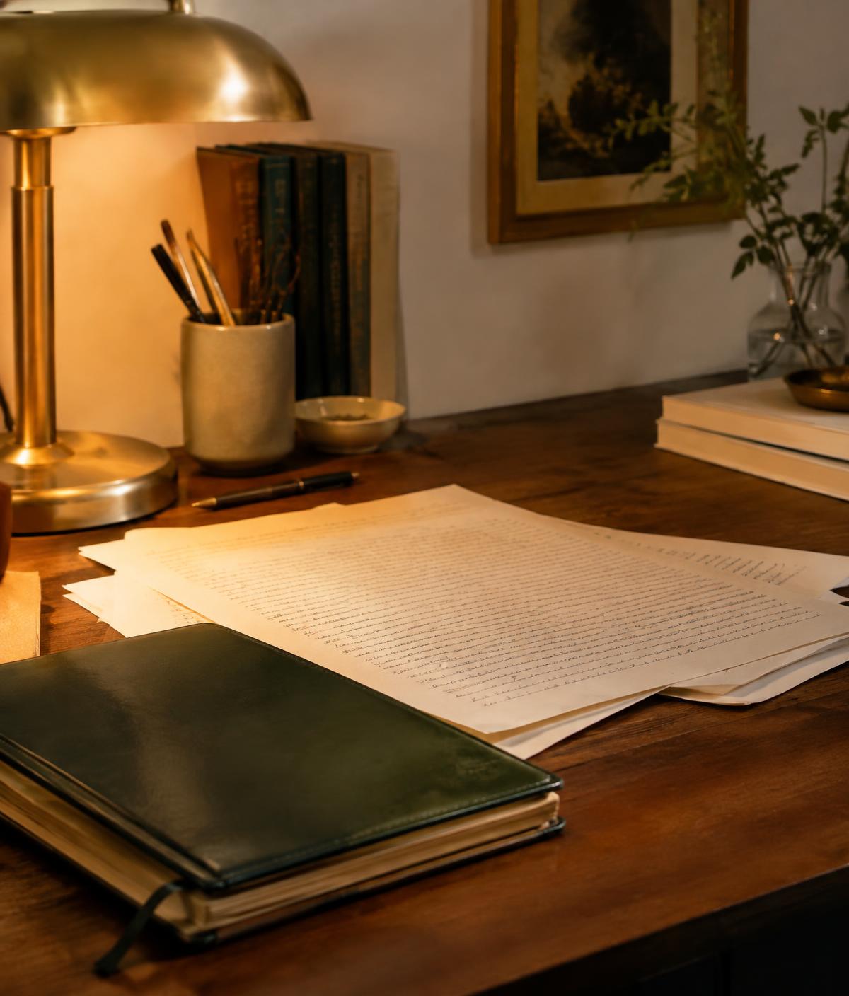 Writer's desk with manuscript pages